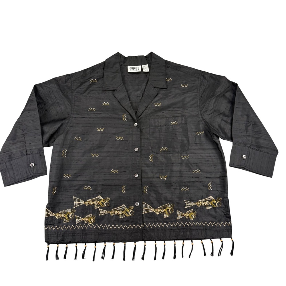 Chicos Design Silk Embroidered Fish Tassel Shirt Black 3/4 Sleeve Size 1 M